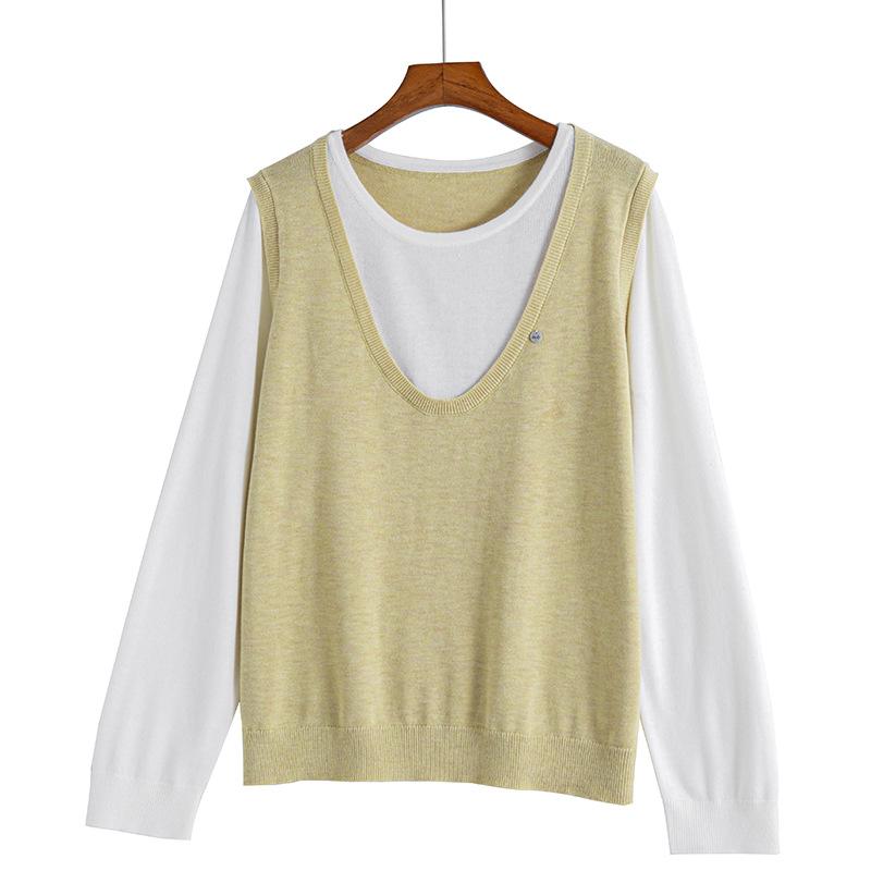 Plus Size Women Fake Two Piece Round Neck Knitted Pullover Sweater
