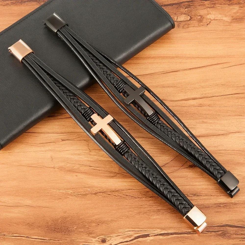 2025 Luxury Multicolor Cross Design Classic Stainless Steel Men's Leather Bracelet 19/21/23cm Choose Handsome Christmas Gifts