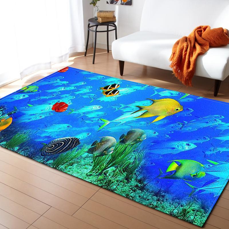 Ocean Corals Living Room Area Rug Fish 3D Carpets Boys Bedroom Play Rugs for Children Room Flannel Kitchen Mat Doormat Entrance