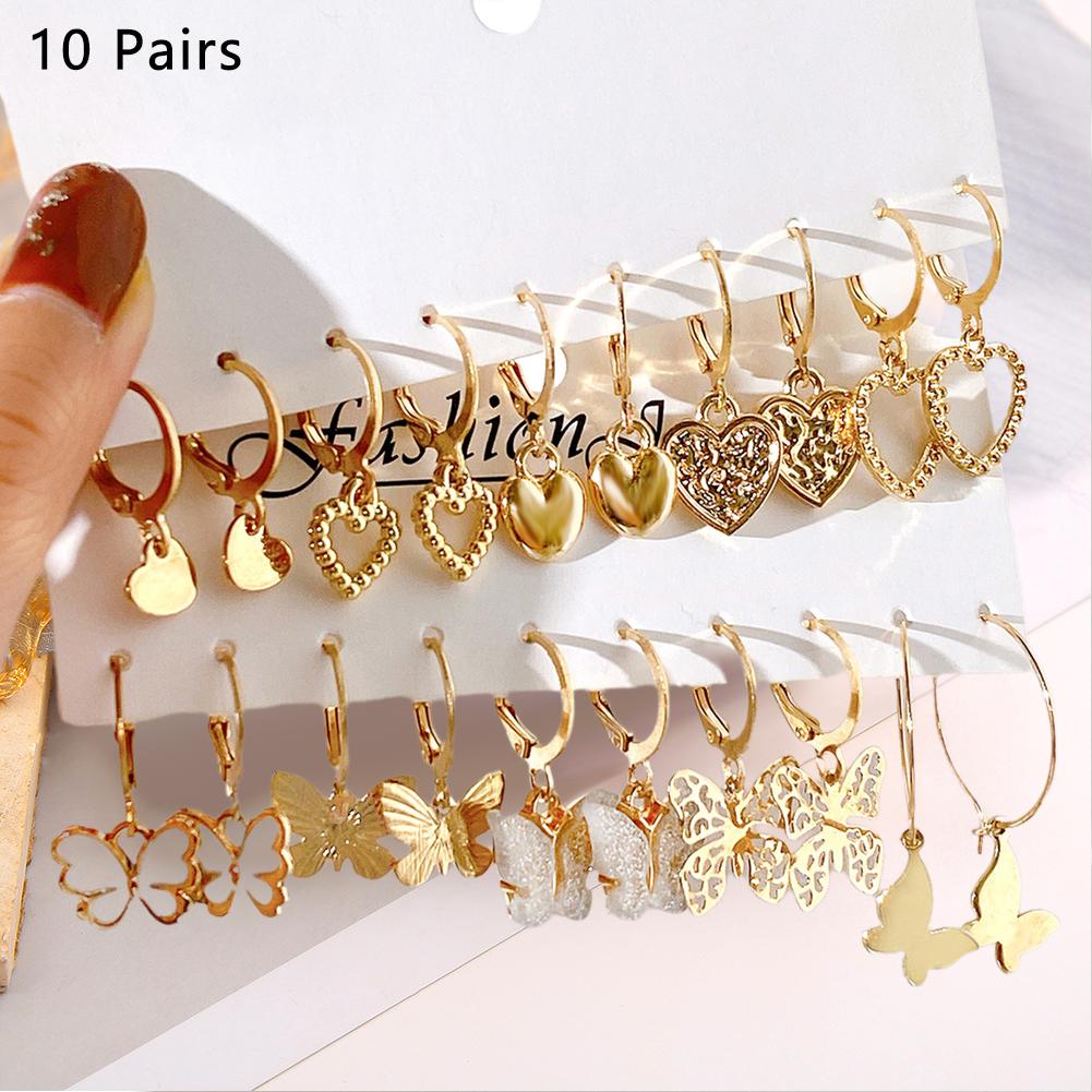 New Gold Color Butterfly Love Hoop Earrings Set New Fashion Dangle Earring Jewelry Hollow Trend W8Q1