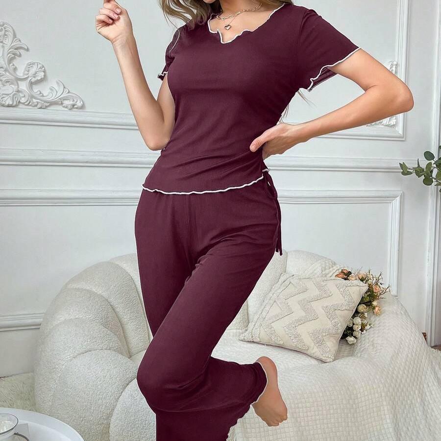 Frühling/Sommer 2025 Europäisches & Amerikanisches Lässiges Damen-Pyjama-Set - Kurzärmeliges Oberteil & Lange Hose