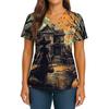 Women's Halloween Printed V-Neck Double Pocket Short Sleeves Hem Slit Uniform Caregiver Top