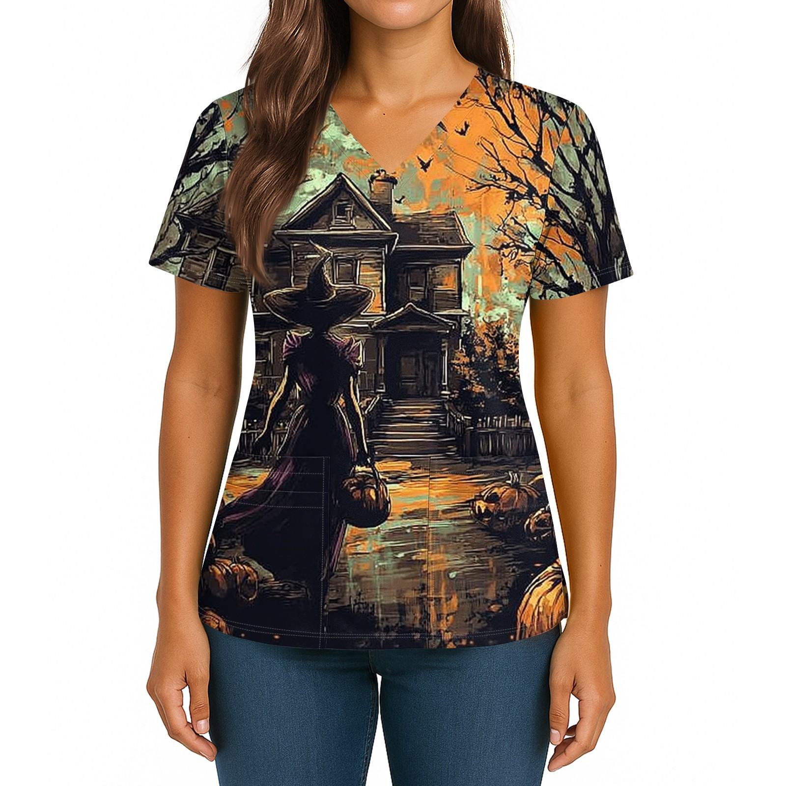 

Женский Хэллоуинский Принт V-образный вырез Двойной карман Короткий рукав Разрез по подолу Топ для униформы/сиделки XXXXXL