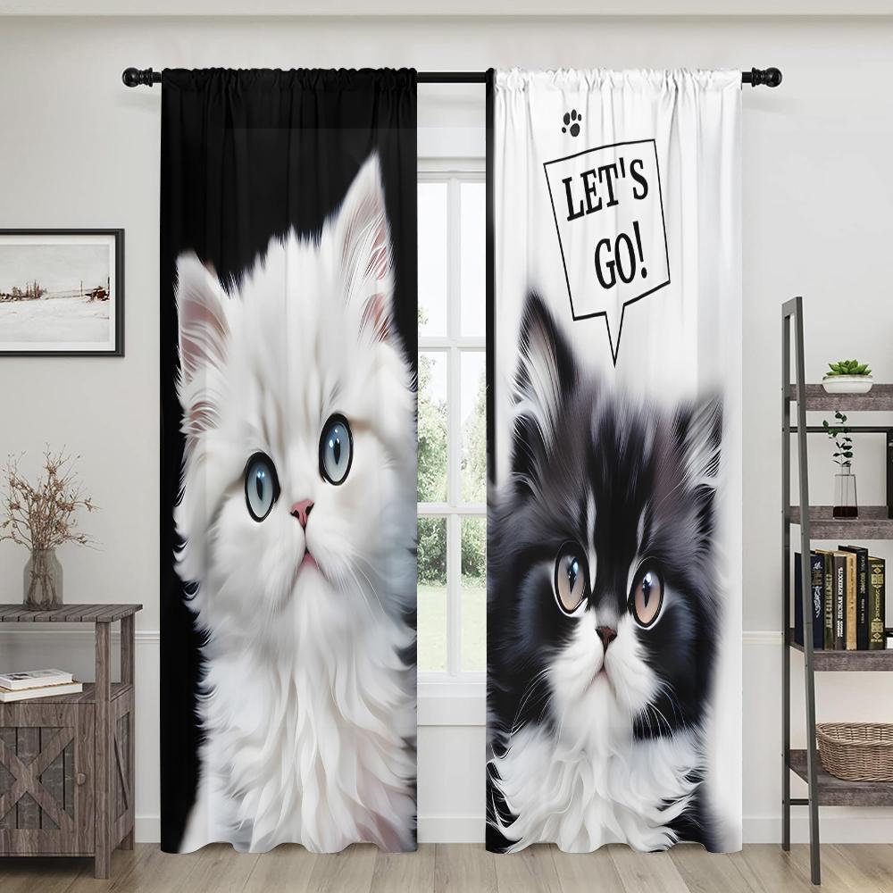 2 Pieces, Cute Black and White Cat Curtains - Semi Blackout - Suitable for Living Room, Bedroom, Kitchen, Home Decoration