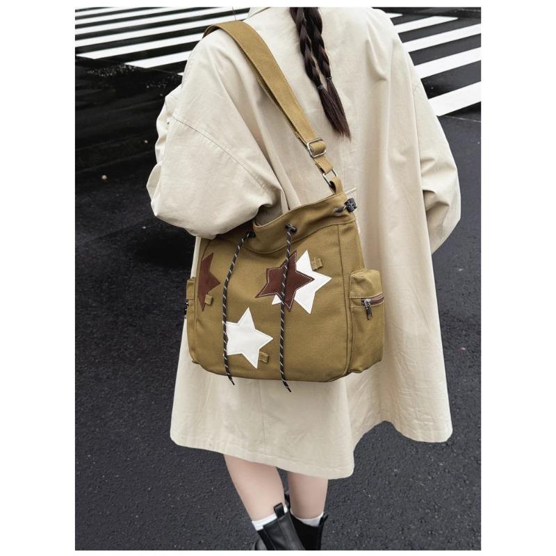 New Vintage Canvas Tote Bag for Women Star Decor Large Capacity Shoulder Crossbody Bag for Work Commute