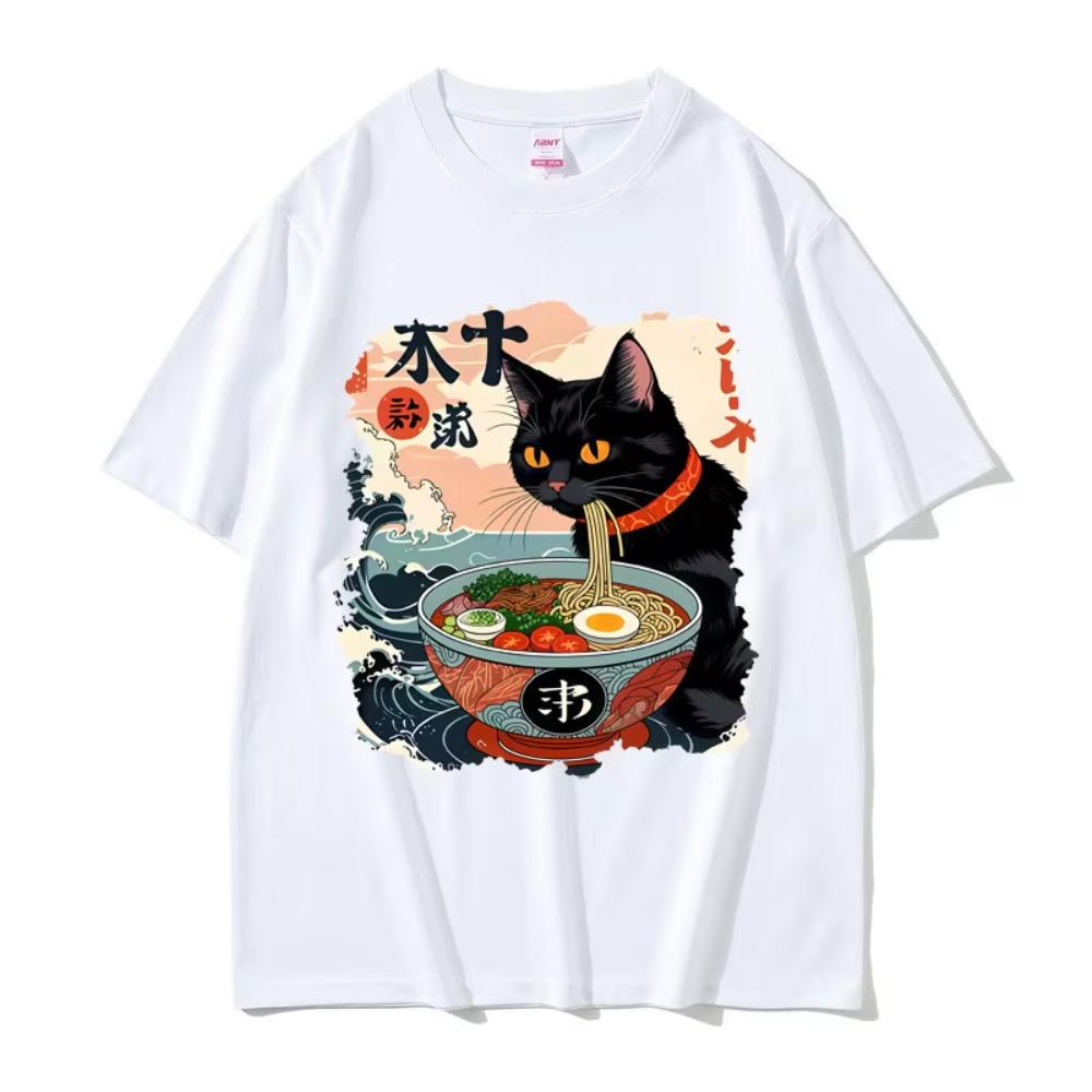 Anime Ramen Katt Rolig Meme T-shirt Vintage Japansk Kawaii Nudel Katter Grafisk T-shirt Herr Dam Mode Casual Bomulls T-shirt