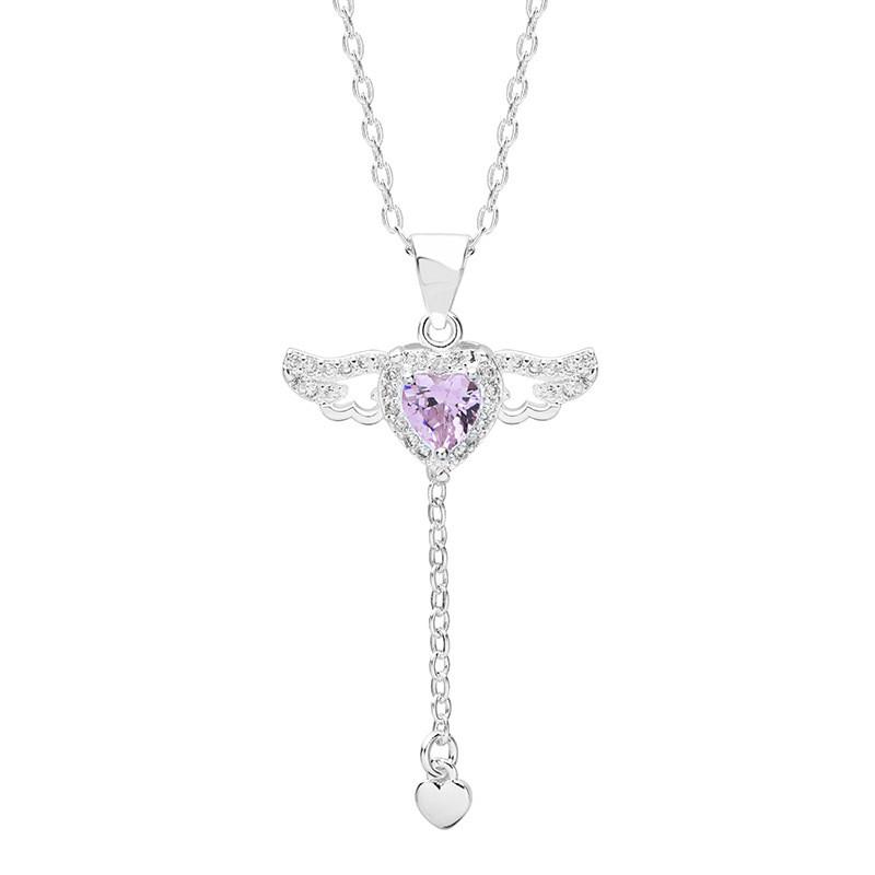 Stylish Romantic Heart Necklace With Angel Wings And Diamond Inlay For Women