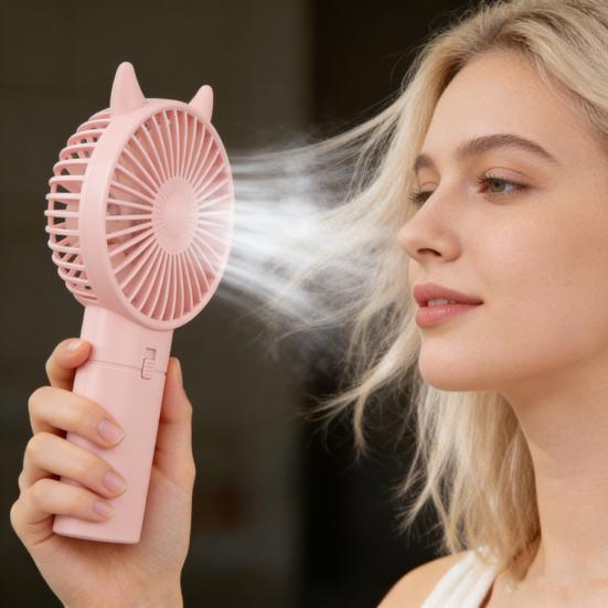 Handheld Fan Cartoon Cat Ear Design Adjustable Wind Speeds Battery Operated Pocket Fan Quiet Low-Noise Motor Cooling Fan