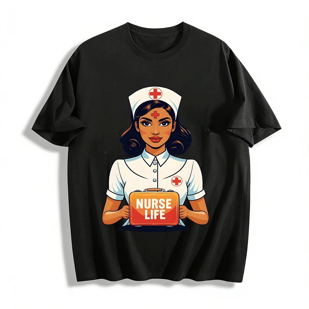 

Retro Nurse Life Printed T-Shirt For Medical Staff Casual Wear Pure cotton T-shirt XXS