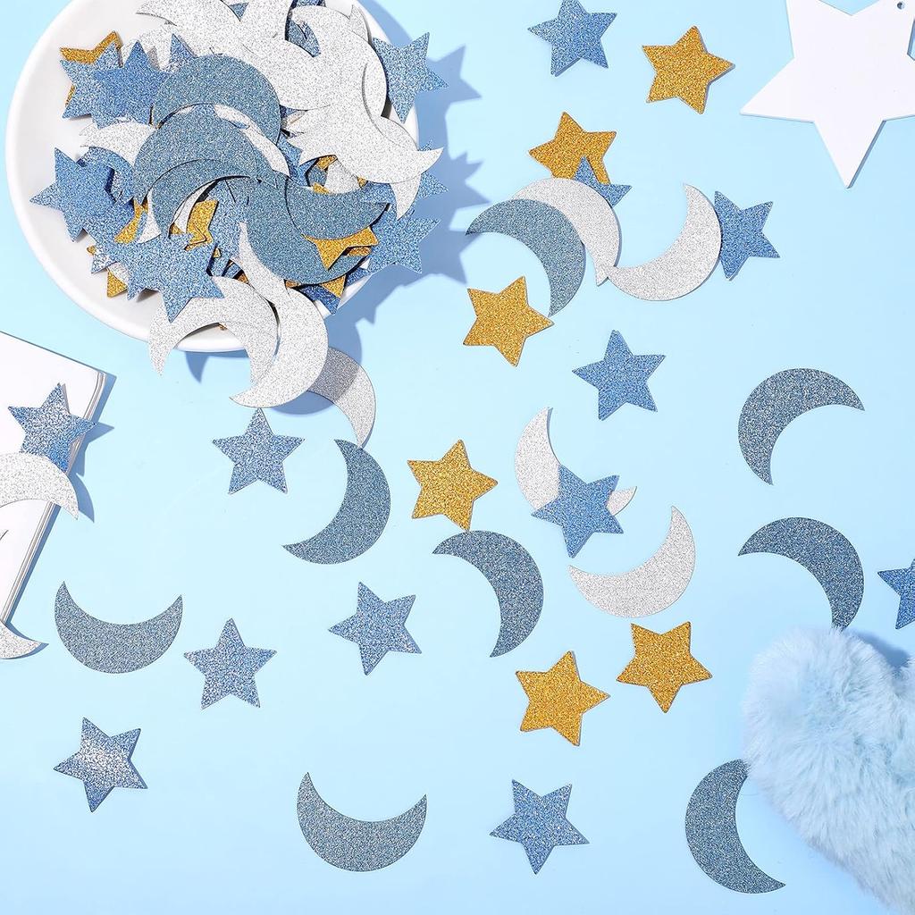 400 Pieces Glitter Star and Moon Paper Confetti Double Side Table Paper Confetti Sequin for Wedding Birthday Baby Shower Moon and Star Party Ramadan
