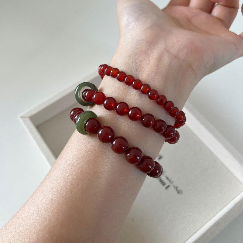 New Chinese Style Red Beaded Green Running Ring Elastic Rope Bracelet Necklace Women'S Light Luxury Fashion Versatile Bracelet Jewelry