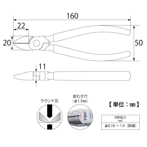 TOP Industrial Heavy-Duty Nippers, Cuts Iron Wire up to 1.9mm Diameter, Stripping Hole 1.5mm Diameter, NI-150, Made in Tsubame-Sanjo, Japan