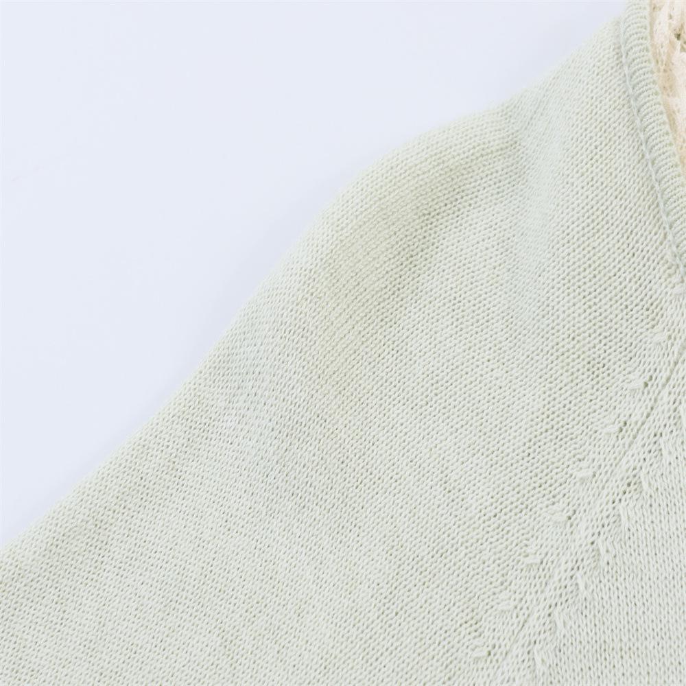 Summer Women's Lace Color Block Knit Top - Lace-up Round Neck, Short Sleeve, Commuter Style