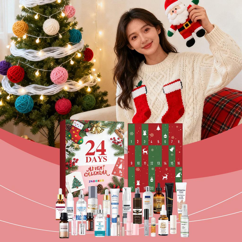 Adventní kalendář s líčením, 24denní vánoční odpočítávací kalendář, překvapení, vánoční sada líčení, dárek pro dámy, překvapení, 50 ml