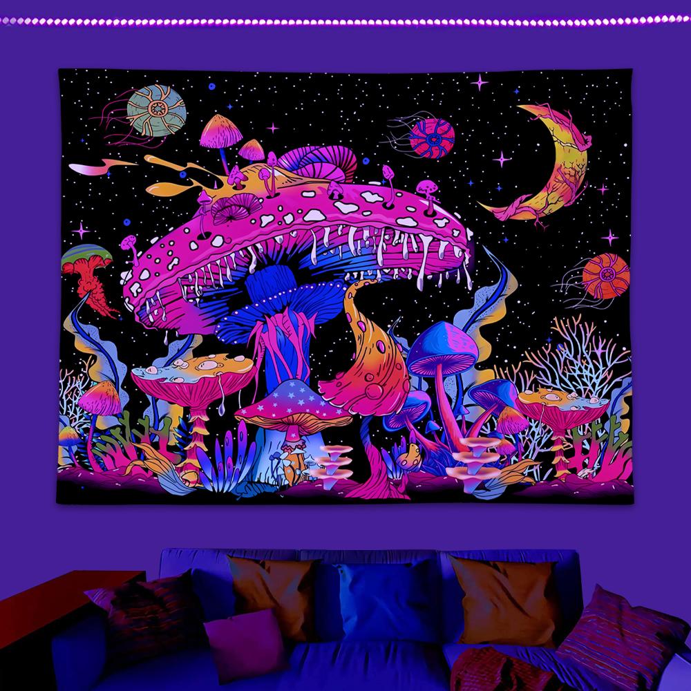 1pcFluorescent colored mushroom tapestry, ultraviolet black light natural plant forest moon flower mysterious night sky tapestry