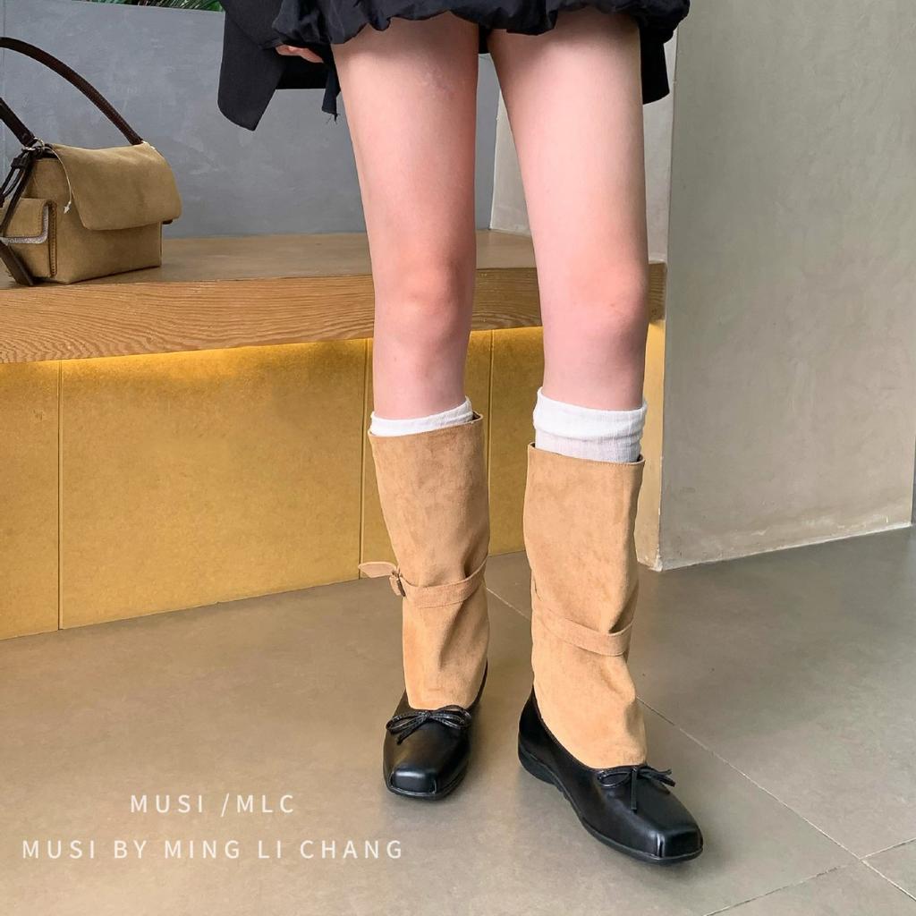 2025 autumn and winter new square head splicing thin boots belt buckle thick heel thick sole but knee thin women's boots