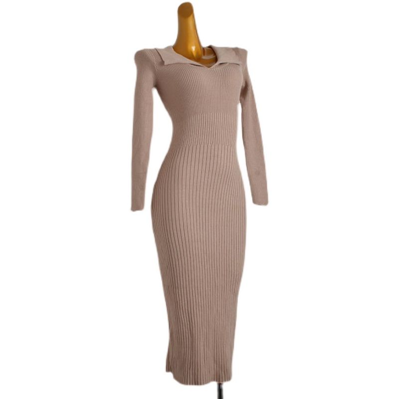 European and American Sexy Gyaru Long Slim fit Slimming Long sleeve V-neck Knitted dress Waist Hugging Sheath over the Knee Long dress Women