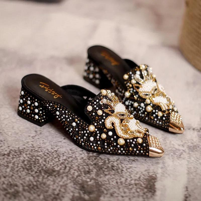 High End Summer Women Shoes High Heels Sandals Hollow Bling Pearl Rhinestone Fox Slipper Beautiful Street Trend Pumps