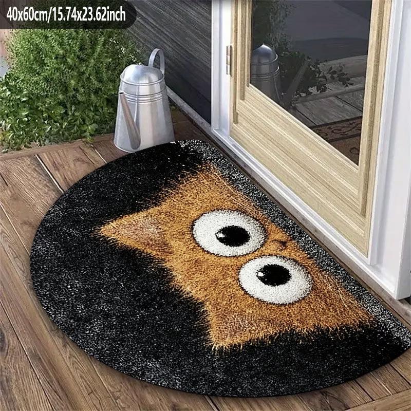 American Style Semi-Circular Cat Crystal Velvet Doormat - Durable, Stain & Wear Resistant, Decorative Floor Mat