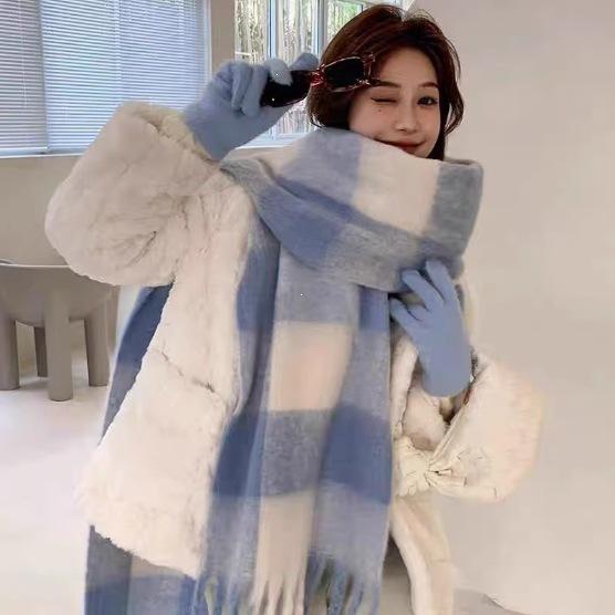 Atmosphere blue coffee plaid scarf women's new warm versatile plaid scarf student couple thickened shawl
