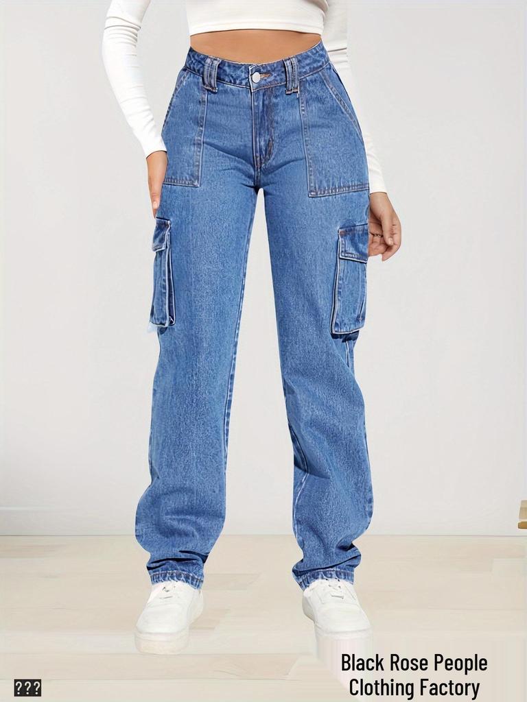 2025 Women's Retro Mid-Waist Multi-Pocket Cargo Jeans - Casual Straight-Leg Hot Girl Style