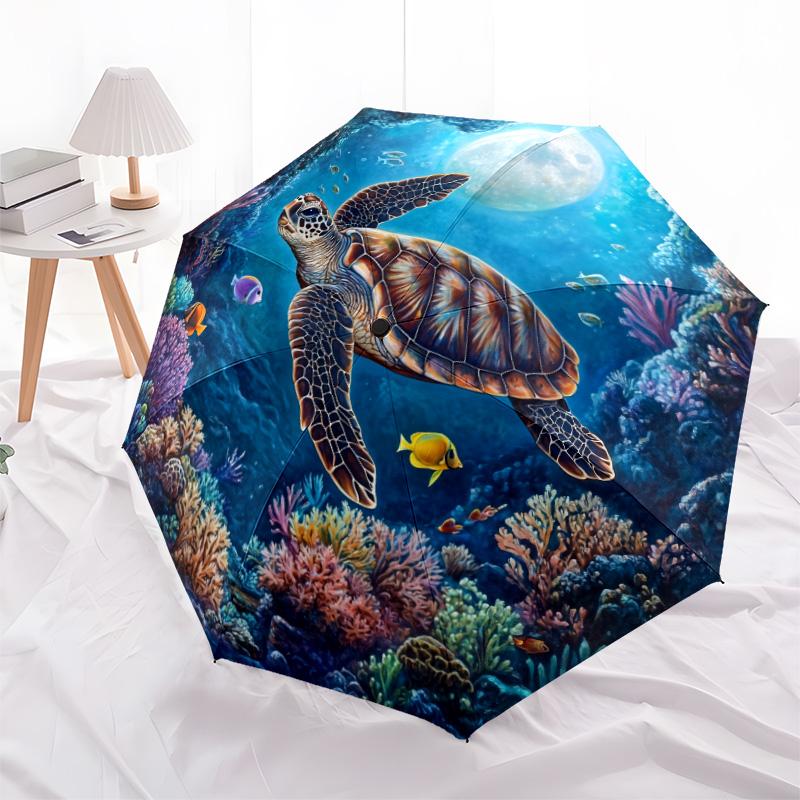 Sea Turtle Pattern, Automatic Folding Umbrella, Portable and Foldable Design, 8 Ribs, a Christmas or Birthday Gift.
