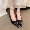 2025 Size 42 Vintage  Flowers Black Pointy Toe Slingback Pumps Cross-strap Summer 5cm Kitten Heels White Lady Shoes Women