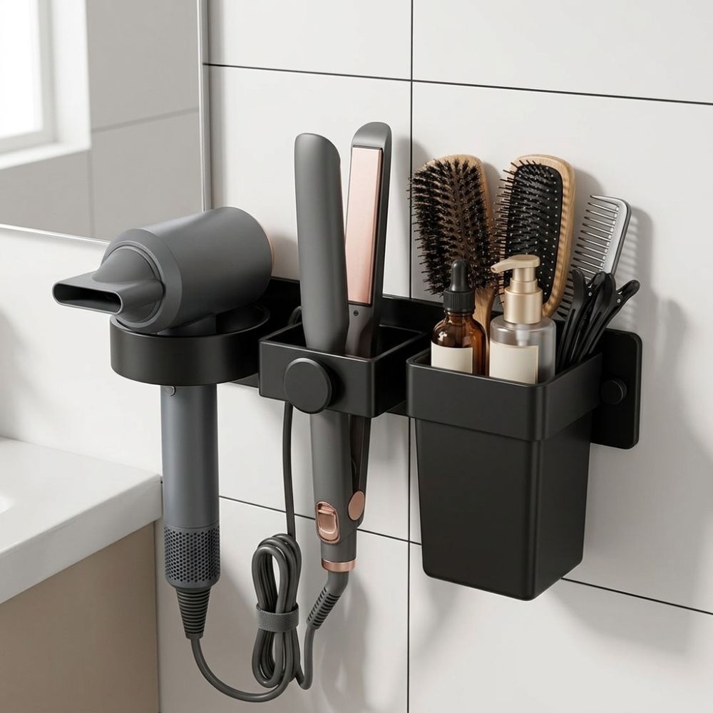 Detachable Cup Wall Mount Hair Dryer Holder Multi-Slot Curling Iron Storage Rack Vanity Counter