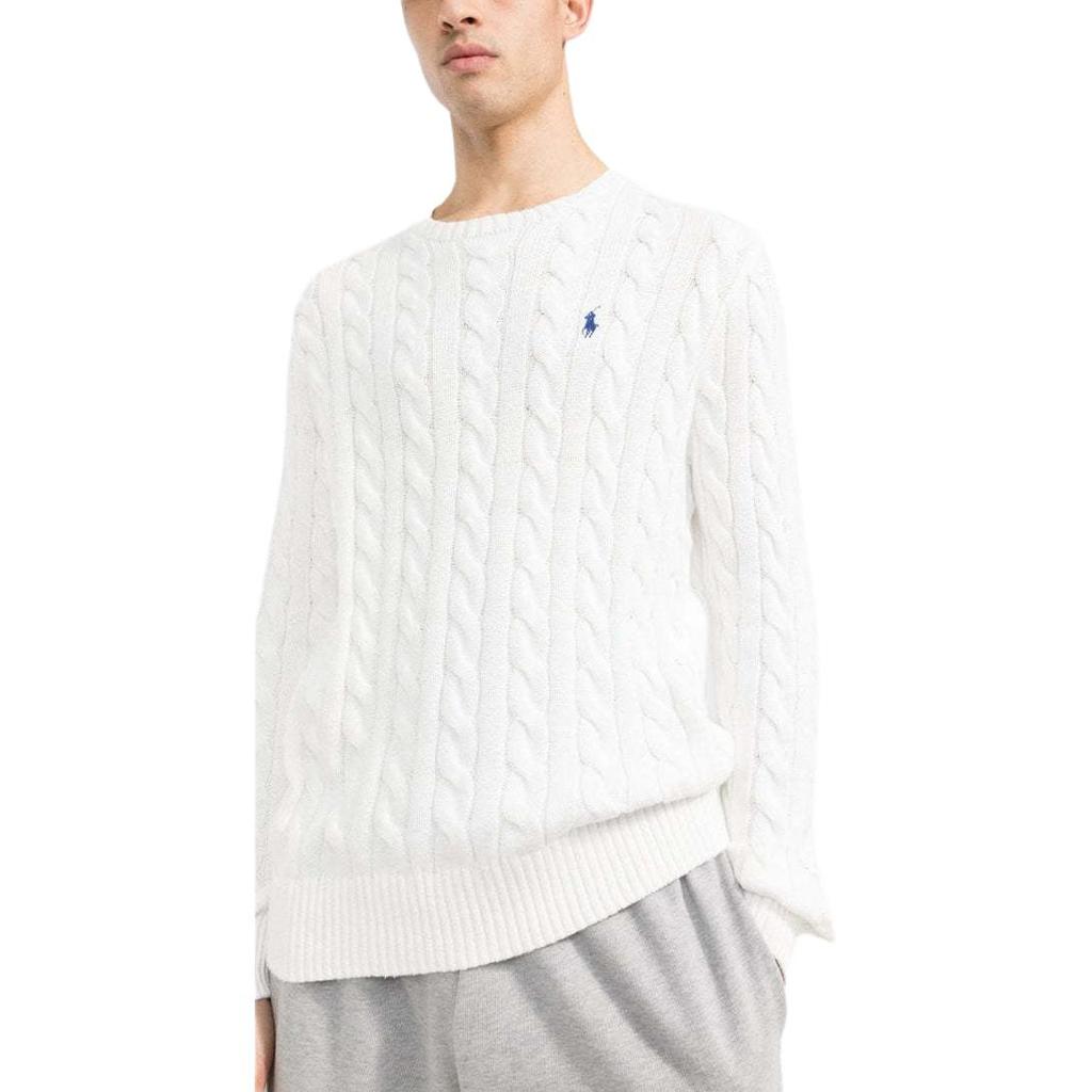 Polo Ralph Lauren SS22 Jednobarevný svetr s kulatým výstřihem a copánkovým vzorem Pánský svetr Bílý 710775885C-033