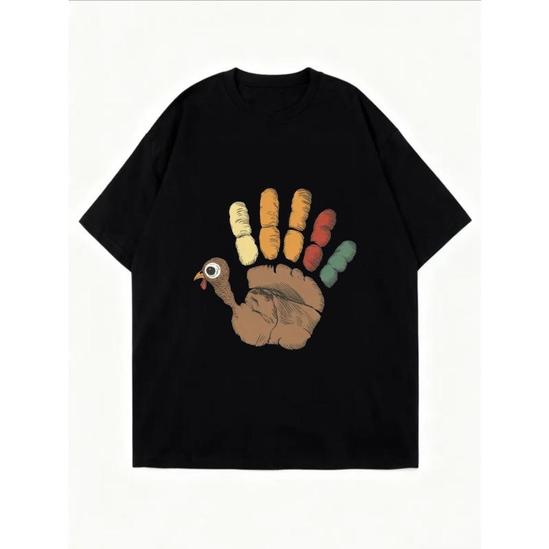 Oversized T-Shirt with Handprint-Doodle Turkey Fun Print – Colorful Cartoon Pattern Casual Top for Thanksgiving