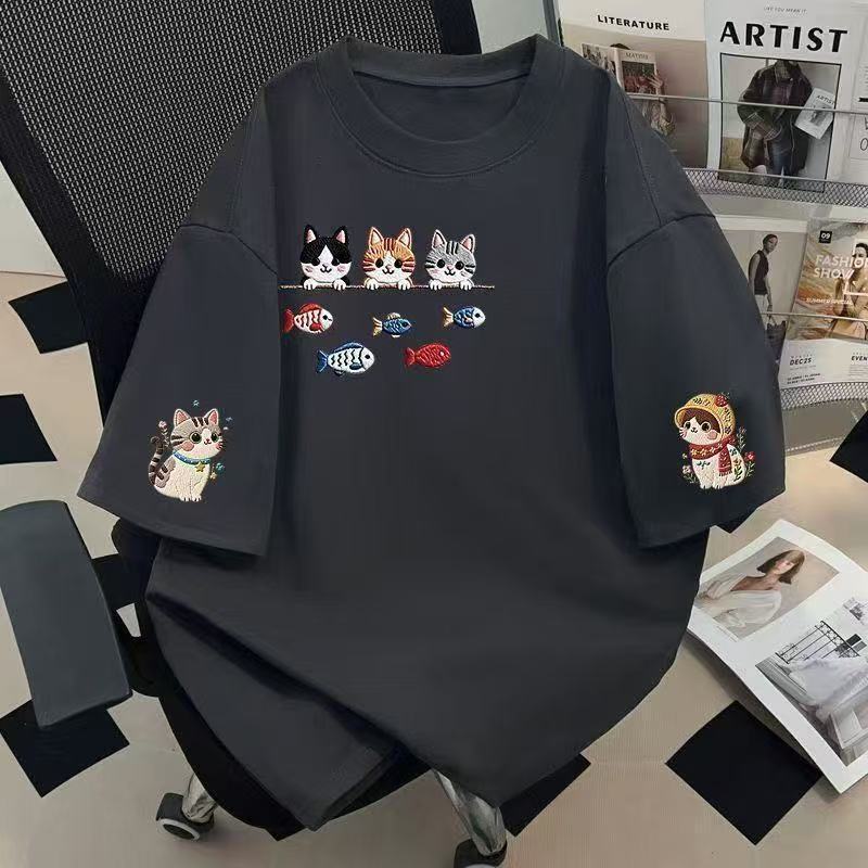 Women's Short Sleeve Tee Round Neck Japanese Korean Style Cartoon Cat Print Cotton Casual Top