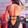 Skinny Bodycon Body Suit Women Sexy Black PU Latex Leather Halter Lace Backless Romper Lingerie Underwear Teddies