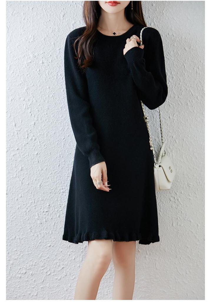 Women's Pure Wool Ruffle Knit Dress - Mid-Length, Long Sleeve, Loose Fit