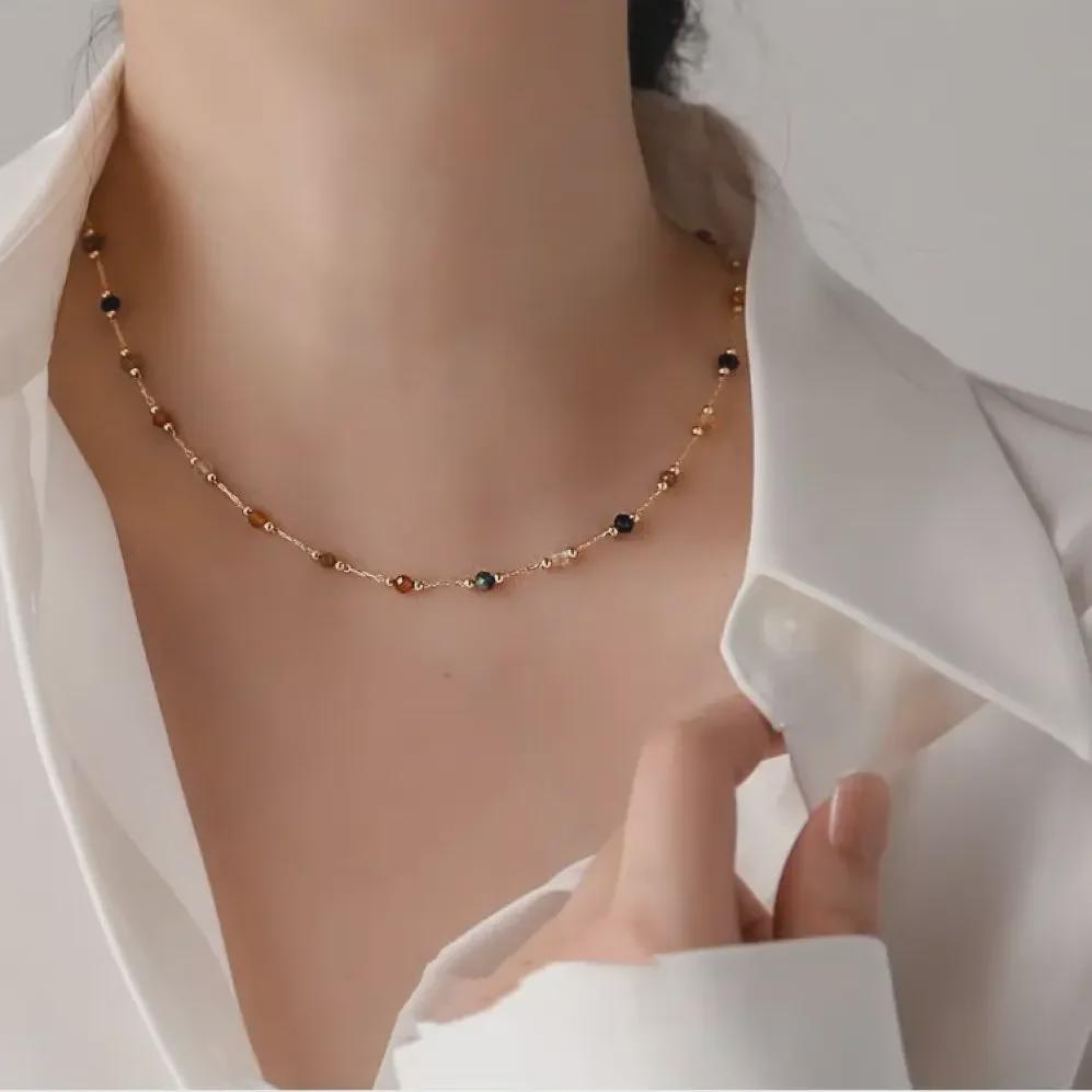 Colier din oțel titan cu mărgele colorate - lanț de claviculă rezistent la decolorare pentru femei