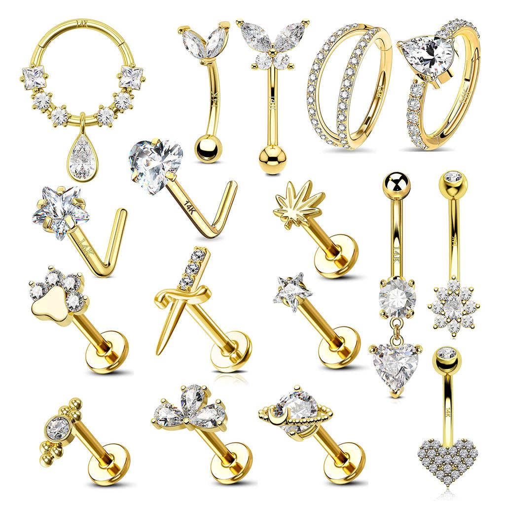 Fashion Jewelry 14K Gold Piercings Labret Big Hoop Nose Stud Rings CZ Cubic Zircon Navel Belly Ring Earing Diamond Ear Stud