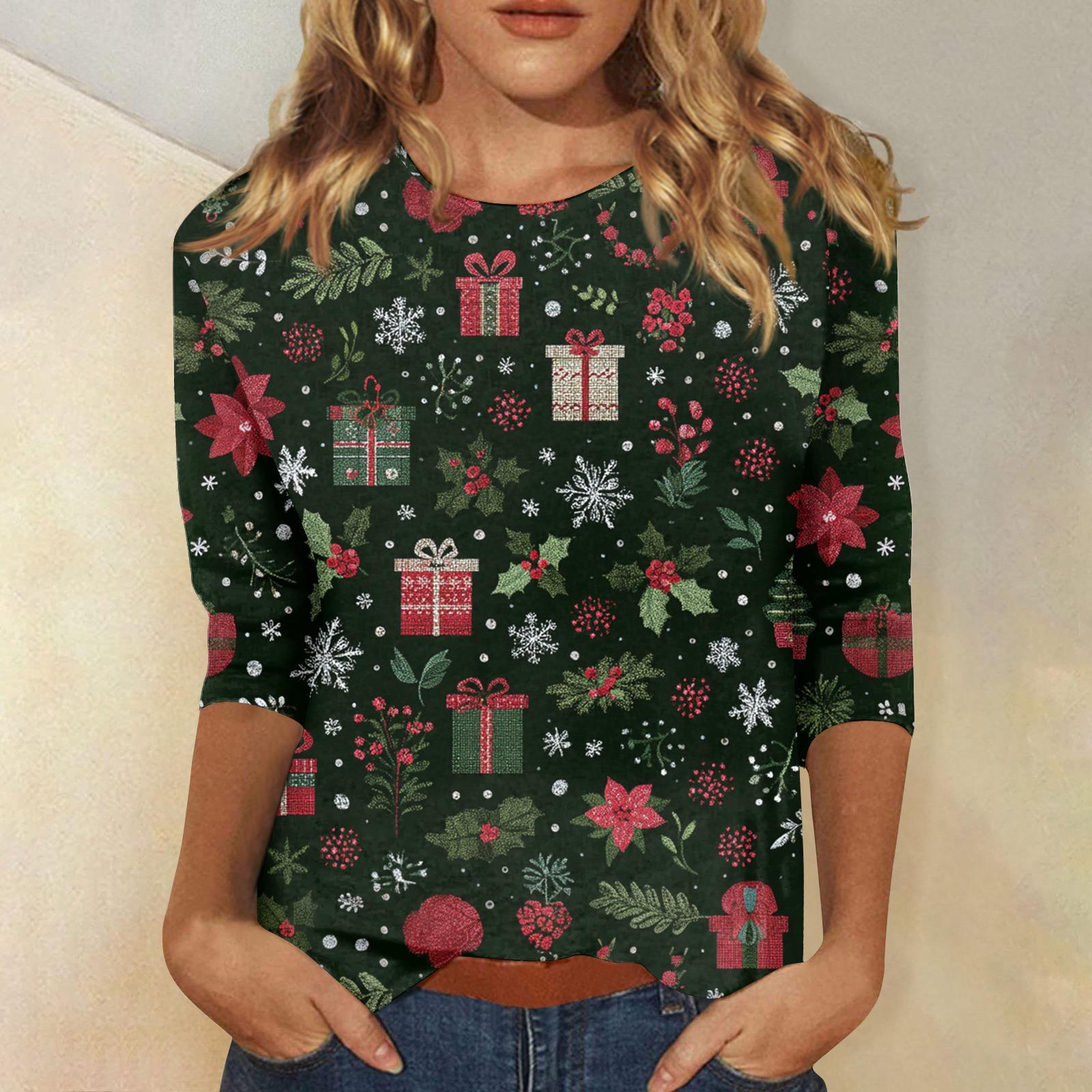 

Женские топы Рубашка с рукавом три четверти V-образный вырез Свободная повседневная рубашка Футболка с принтом L