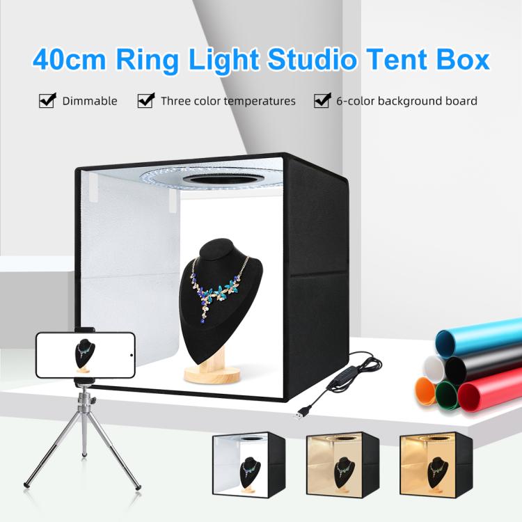 40cm Folding Portable Ring Light USB Photo Lighting Studio Shooting Tent Box with 6 X Color PVC Backdrops, Size: 40cm X 40cm X 40cm (Black)