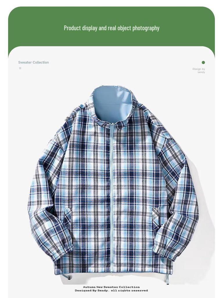 Men's Casual Double-Sided Plaid Patchwork Jacket - Stand Collar, Versatile Spring/Autumn Outerwear in American and Japanese Style