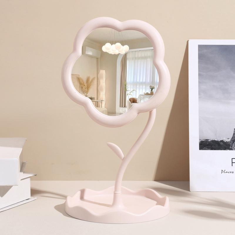 1pc Cream Flower Desktop Makeup Mirror High Definition RotatableDressing Table Mirror for Office Student Dormitory