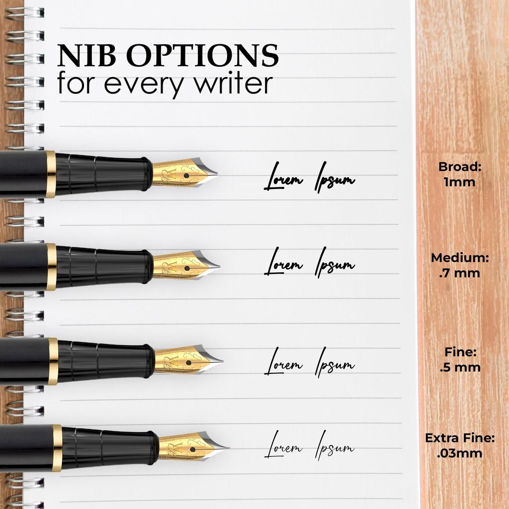 Wordsworth Black Fountain Pen 18K Glided Broad Includes 24 Pack Ink Ink Refill Converter Gift Gold Perfect for Men Women & Set, Nib, Cartridges, &