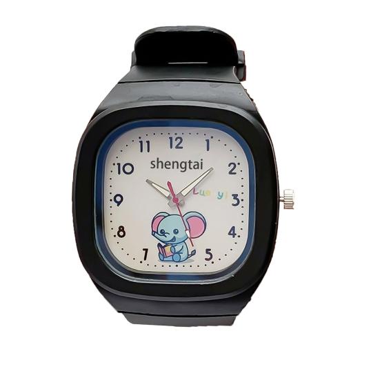 Kids Elephant Pattern Watch Square Dial Student Watch Adjustable Strap Quartz Movement Wristwatch Birthday Gift