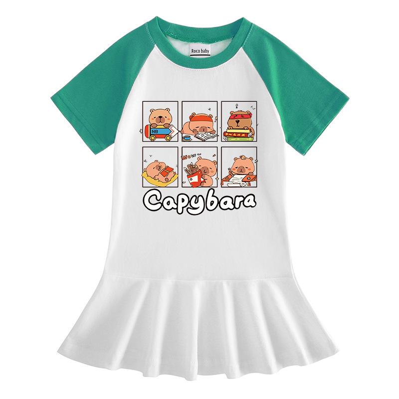 Girls' Summer Cartoon Pleated Ruffle Dress with Raglan Short Sleeves