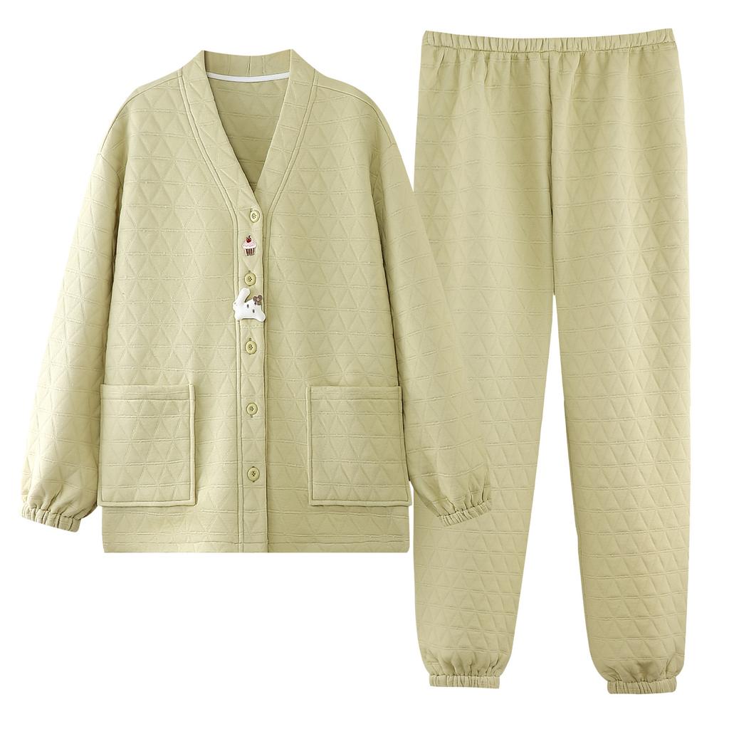 Air Cotton Pajamas Women'S Spring And Autumn Thickened Pure Cotton Loungewear Autumn And Winter Interlayer Thin Padded Cotton Set