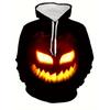 Men's 3D Digital Evil Pumpkin Print Hooded Drawstring Sweatshirt, Autumn and Winter Outdoor Fashion Hoodie, Suitable for Halloween and Party Wear