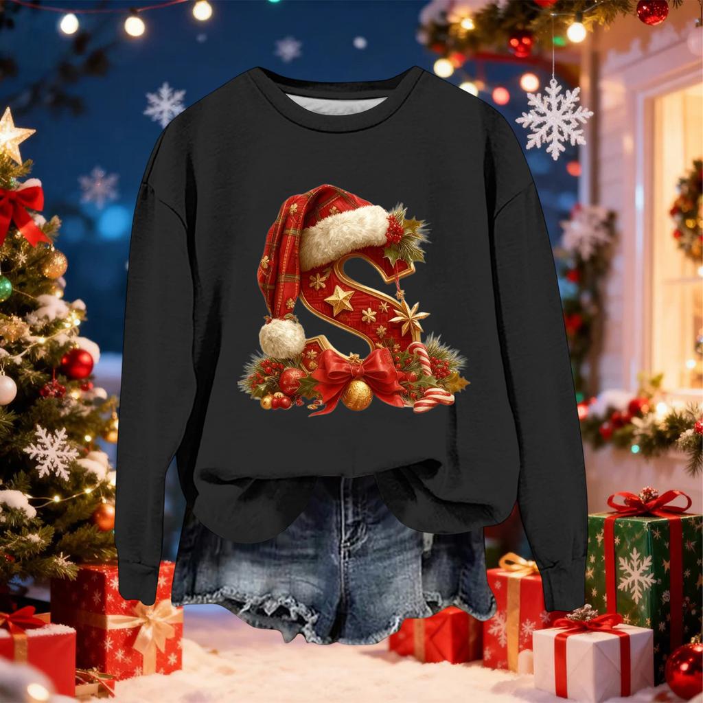 Women's Fashionable Casual Long-Sleeved Christmas Letter Print Crew-Neck Sweatshirt