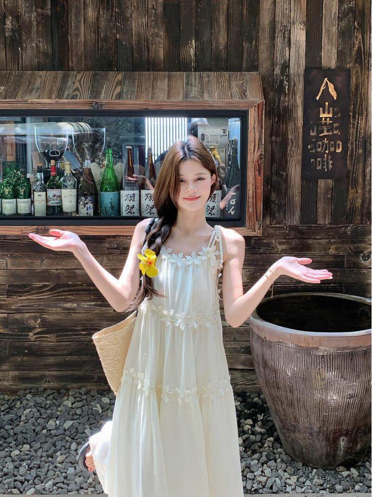 Spring 2026 French Holiday 3D Floral Tiered Camisole Dress for Women
