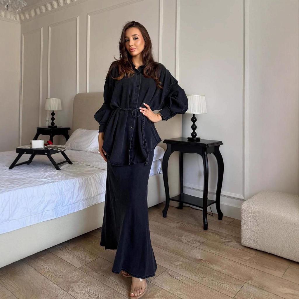 2025 Herbst Strickkleid mit Bindegürtel und elegantem Rock