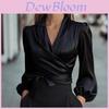 Satin V-Ausschnitt Bluse mit Kreuzbindung für elegante Bürokleidung