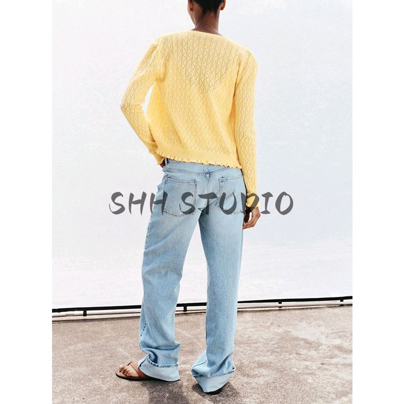 Summer New Product Women's Clothes Minimalist round Neck Long Sleeves Laminated Decoration Jacquard Mesh Knitting Outwear 6427057