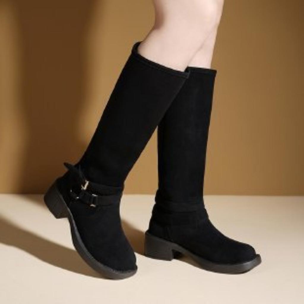 Wasteland wind frosted leather thick heel belt buckle round head western boots women